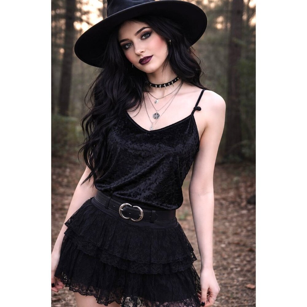 Crushed Black Velvet Cami Top Womens XL Goth Witchy Y2K Whimsygoth Romantic